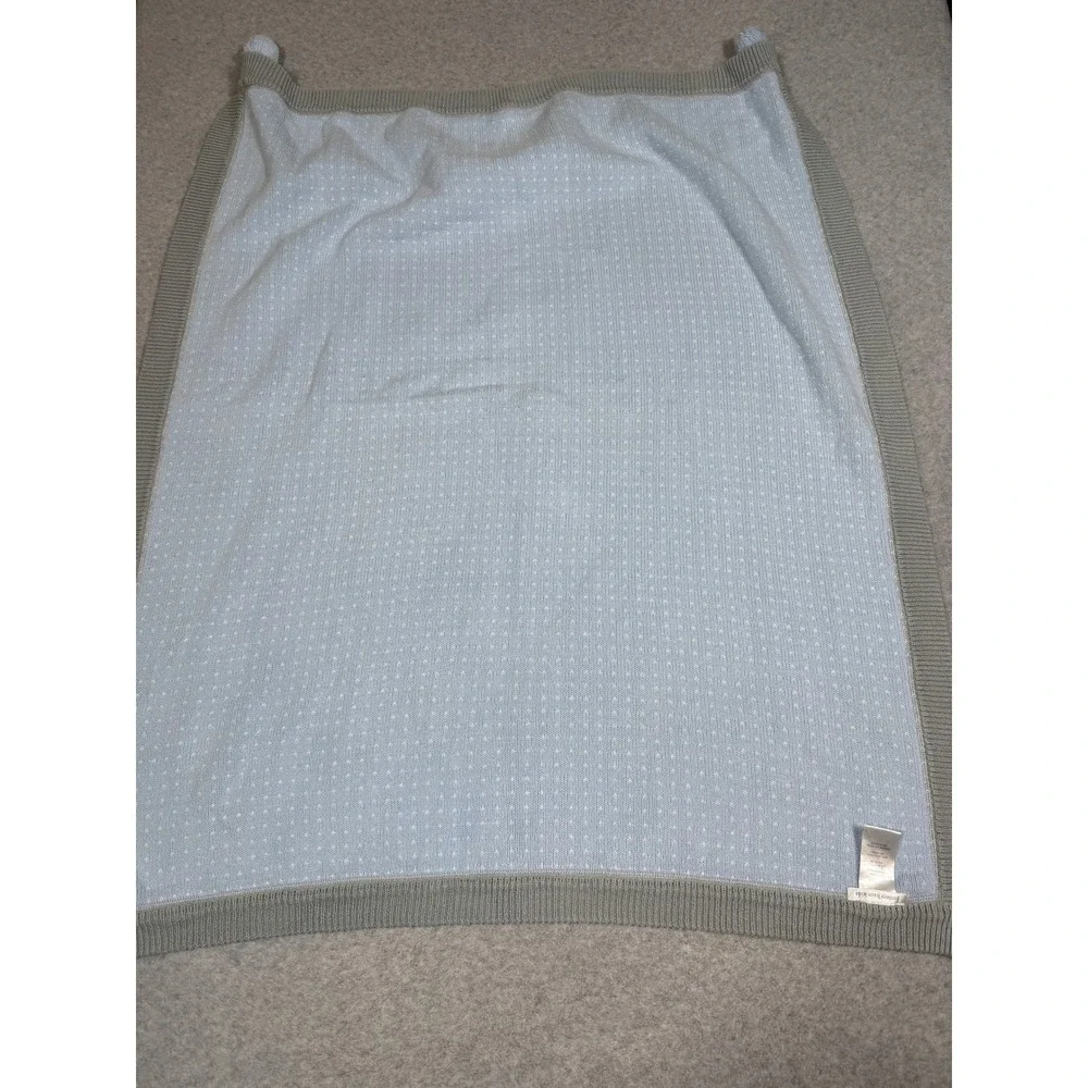 Pottery Barn Kids Blue White Knit Heart Pom Pom Baby Blanket 30x40 Cotton Blend